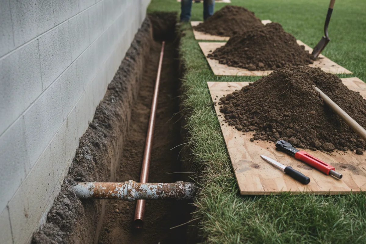 Excavated water line trench during Sewer Line Repair in Wendel
